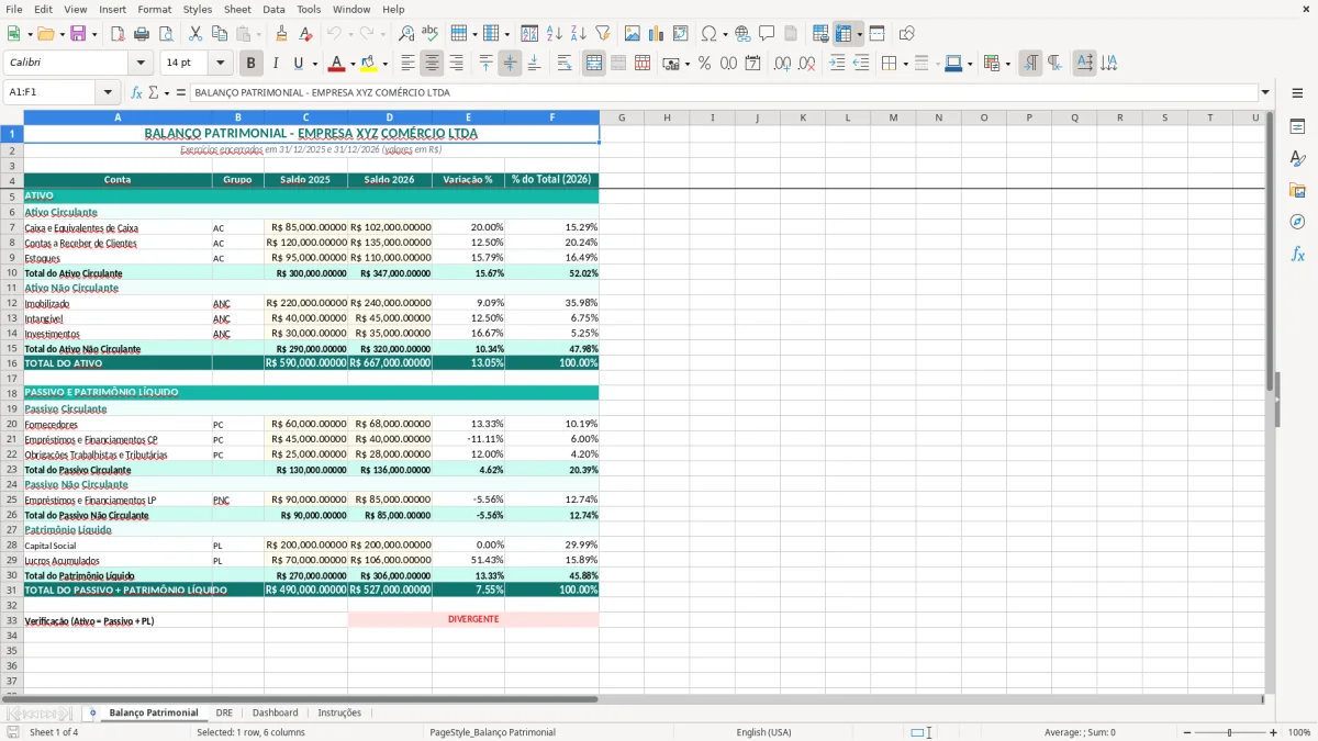 Captura 1: aba Balanço Patrimonial - Planilha Excel balanco patrimonial e dre