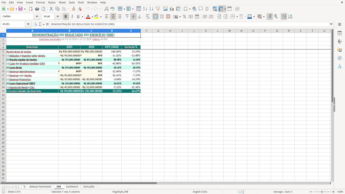 Captura 2: aba DRE - Planilha Excel balanco patrimonial e dre