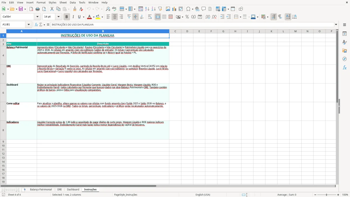 Captura 4: aba Instruções - Planilha Excel balanco patrimonial e dre