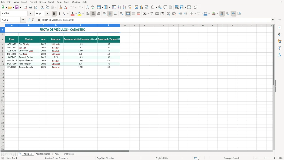 Captura 1: aba Veículos - Planilha Excel consumo de combustivel