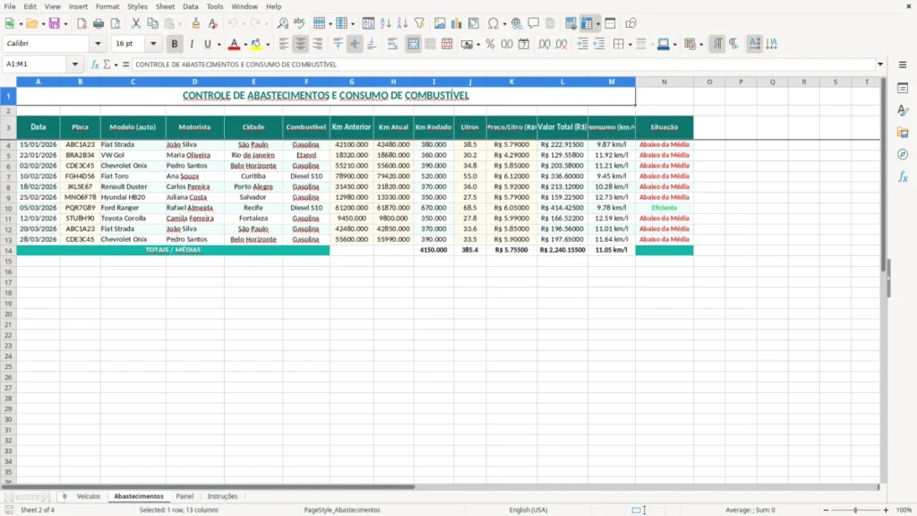 Abastecimentos – Consumo de combustível Excel – Planilha grátis (2026)
