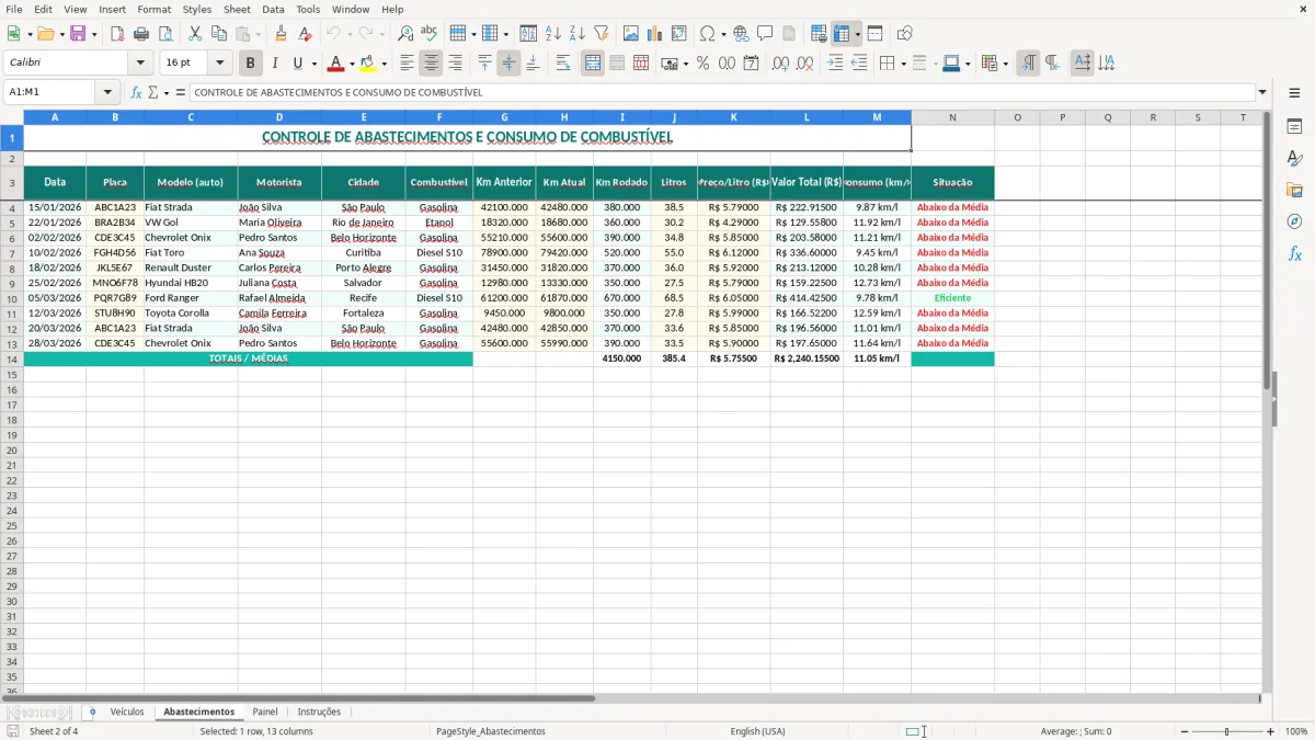 Captura 2: aba Abastecimentos - Planilha Excel consumo de combustivel