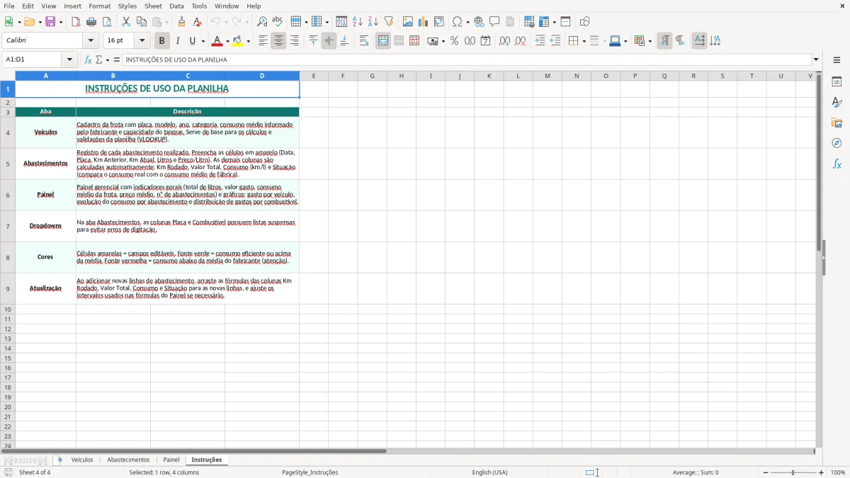 Captura 4: aba Instruções - Planilha Excel consumo de combustivel