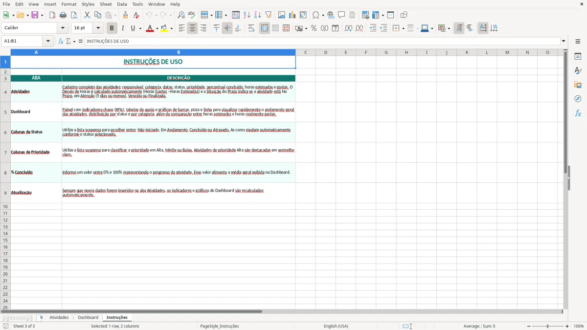 Captura 3: aba Instruções - Planilha Excel controle de atividades