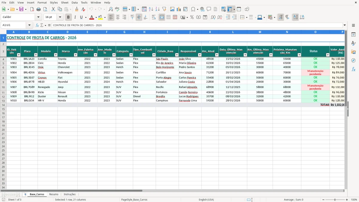Captura 1: aba Base_Carros - Planilha Excel controle de carros