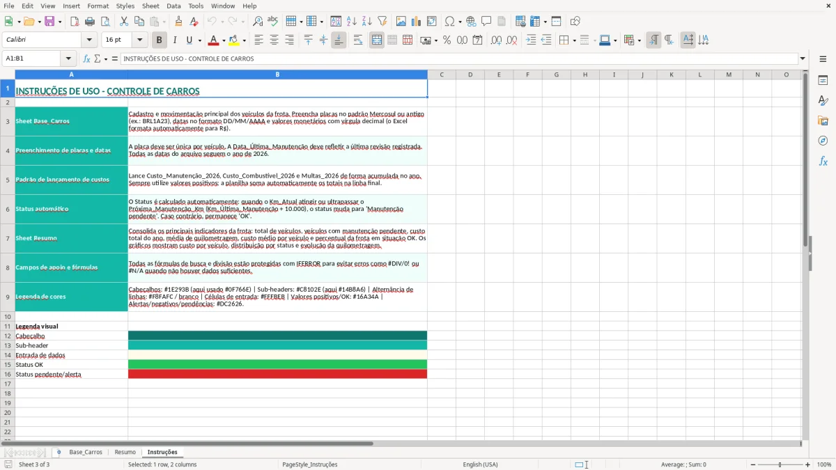 Captura 3: aba Instruções - Planilha Excel controle de carros