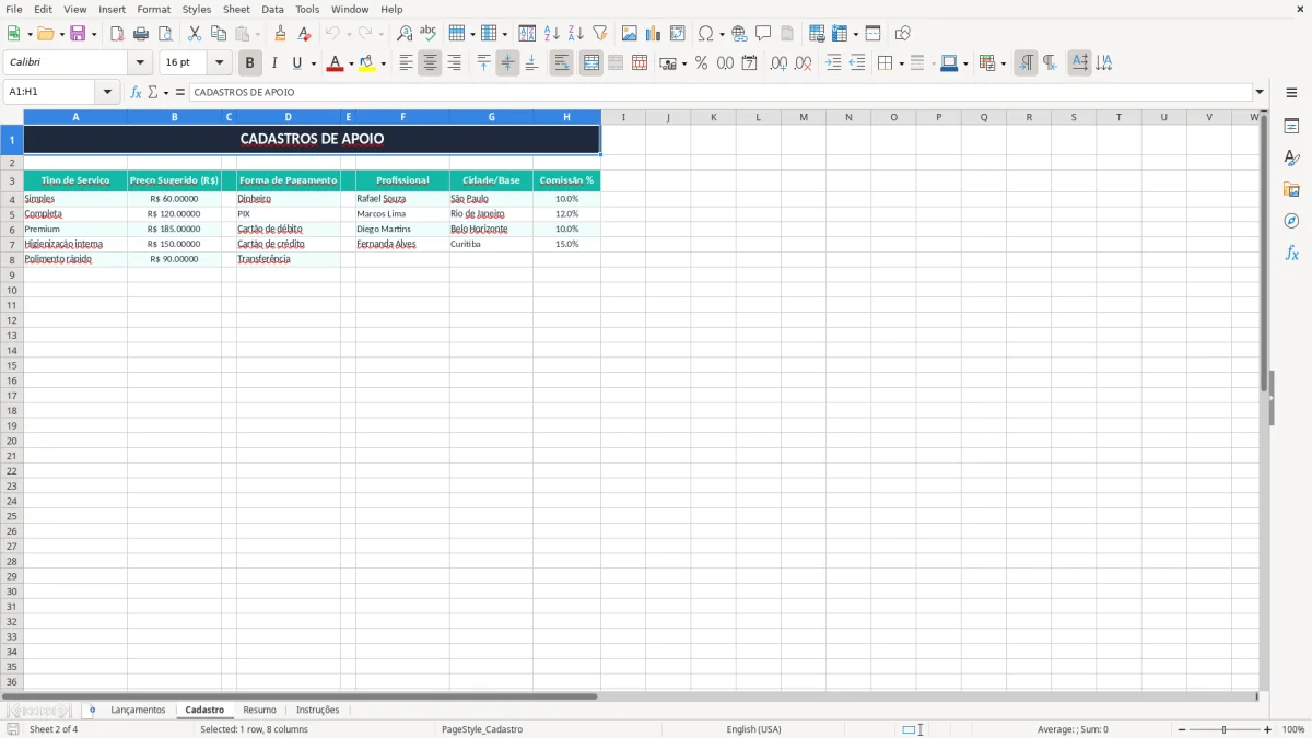Captura 2: aba Cadastro - Planilha Excel controle de lavagem de veiculos