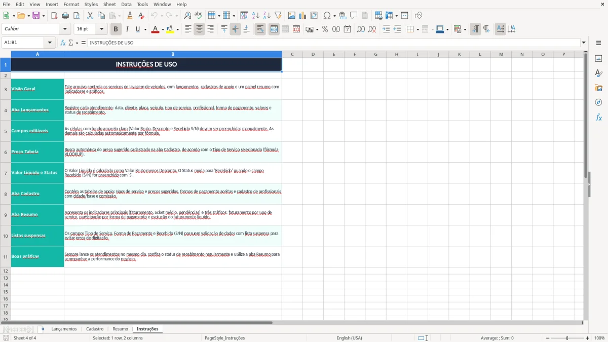 Captura 4: aba Instruções - Planilha Excel controle de lavagem de veiculos