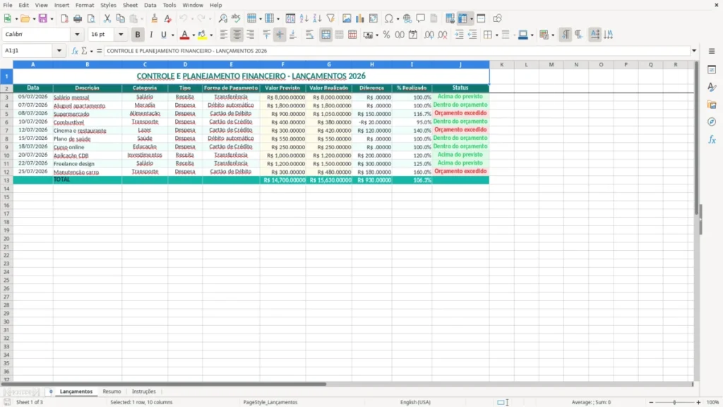 Lançamentos – Controle financeiro Excel – Planilha grátis (2026)