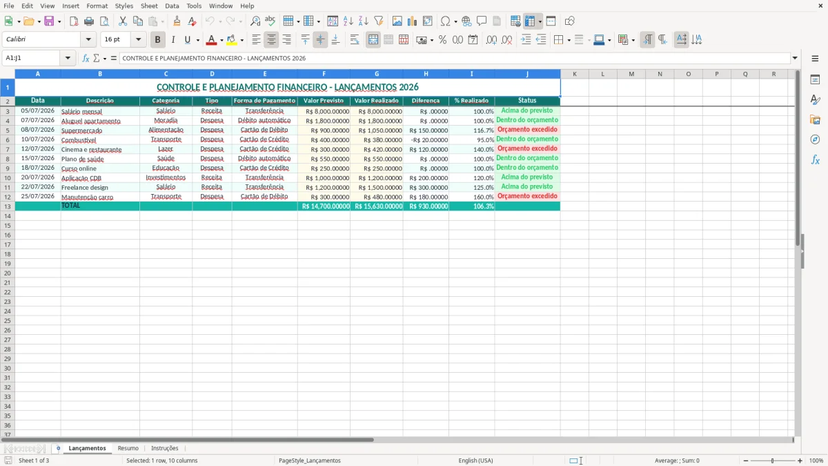Captura 1: aba Lançamentos - Planilha Excel controle e planejamento financeiro