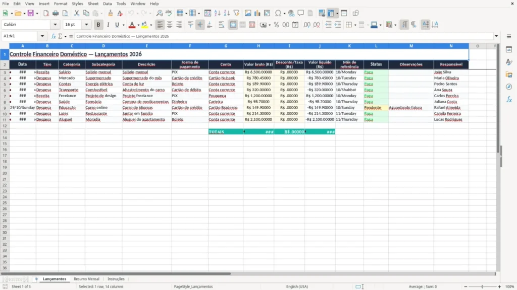 Lançamentos – Controle Financeiro Doméstico Excel – Planilha Grátis (2026)