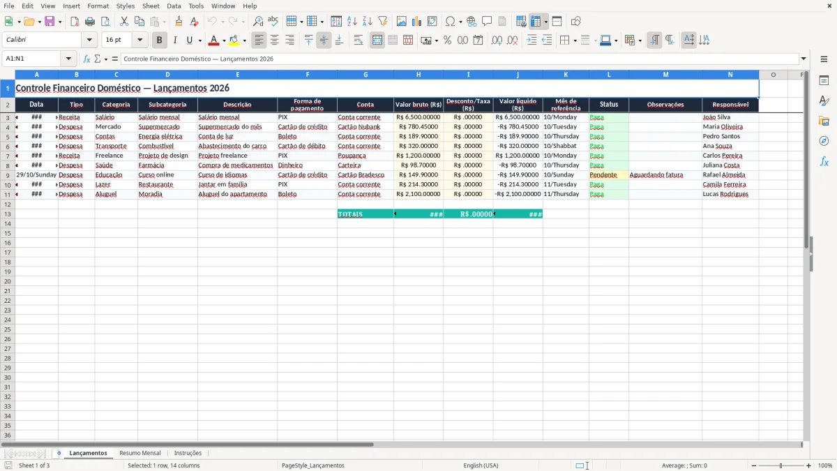 Captura 1: aba Lançamentos - Planilha Excel controle financeiro domestico