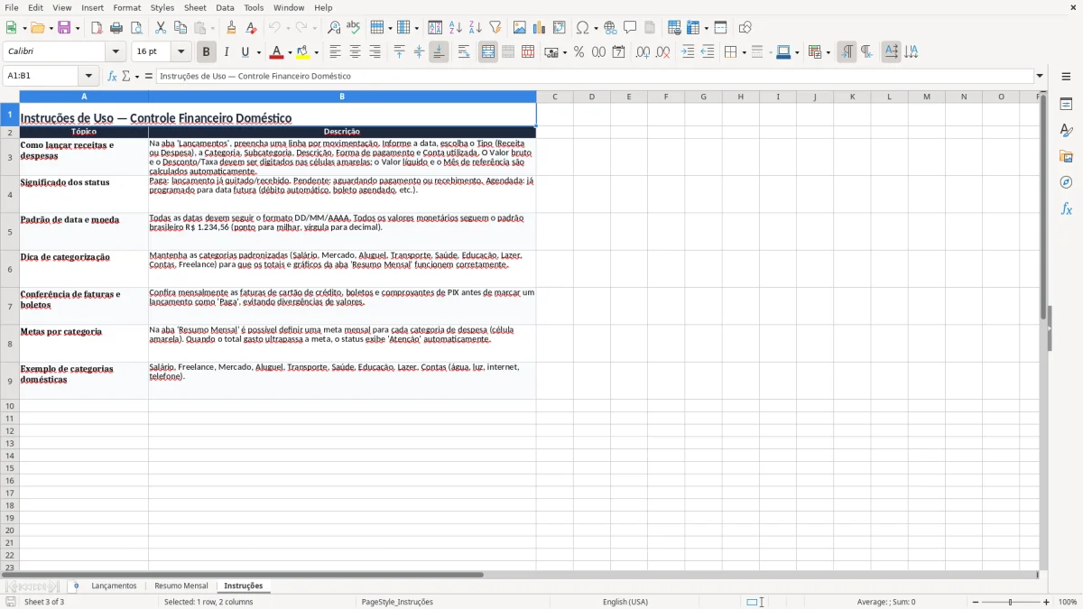 Captura 3: aba Instruções - Planilha Excel controle financeiro domestico