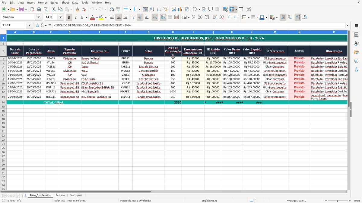 Captura 1: aba Base_Dividendos - Planilha Excel dividendos