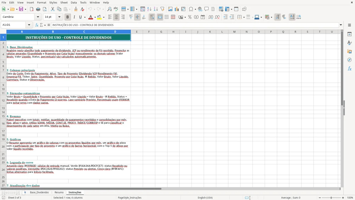 Captura 3: aba Instruções - Planilha Excel dividendos
