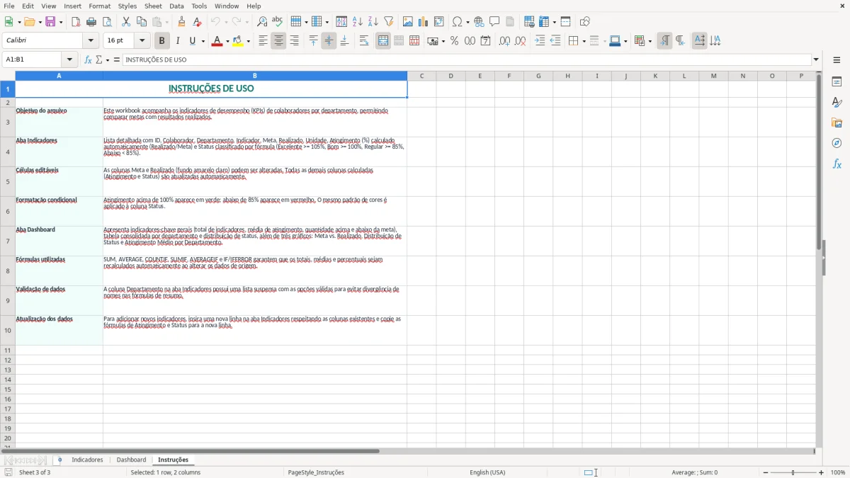 Captura 3: aba Instruções - Planilha Excel indicadores de desempenho