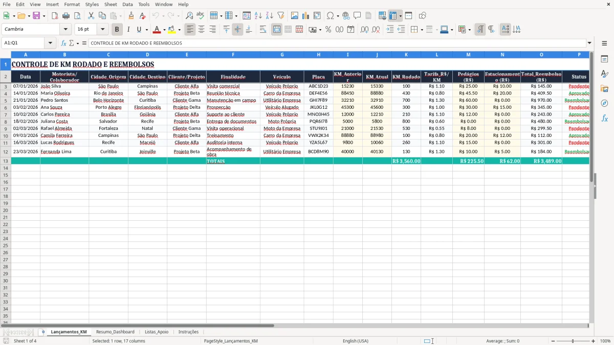 Captura 1: aba Lançamentos_KM - Planilha Excel km rodado