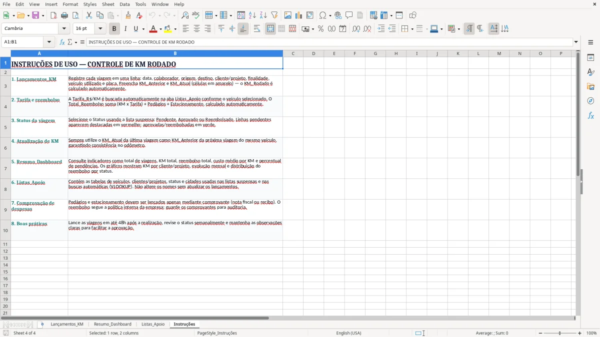 Captura 4: aba Instruções - Planilha Excel km rodado