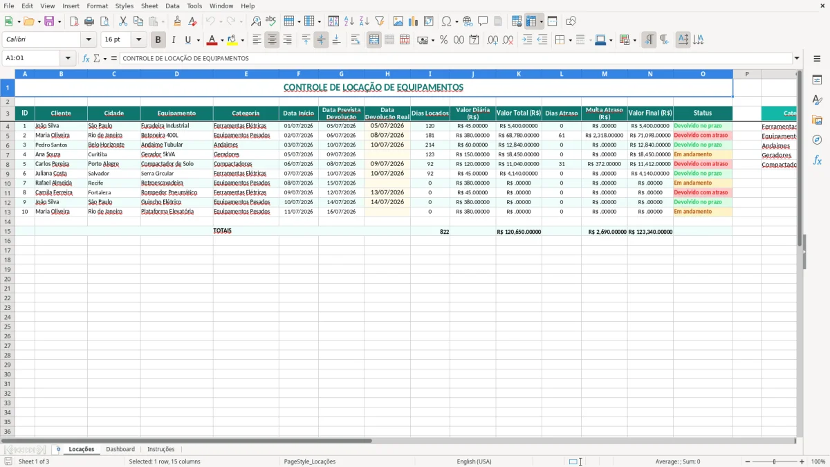 Captura 1: aba Locações - Planilha Excel locacao de equipamentos