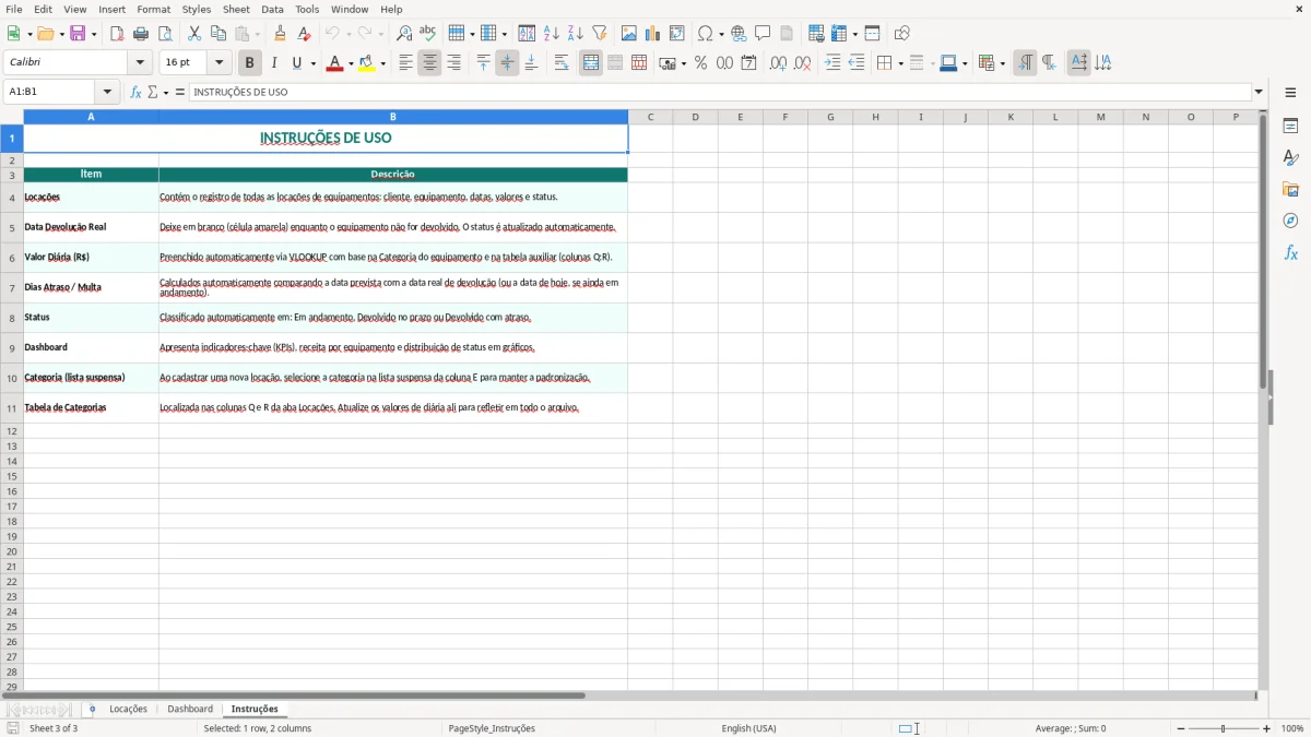 Captura 3: aba Instruções - Planilha Excel locacao de equipamentos