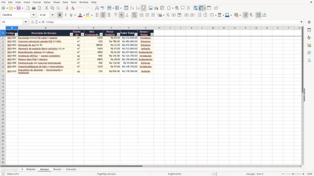 Serviços – Planilha de Medição de Obra Excel