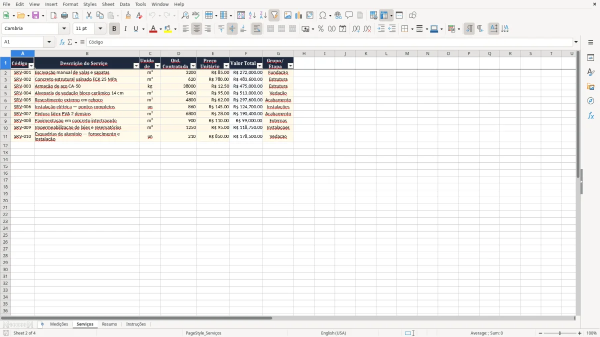 Captura 2: aba Serviços - Planilha Excel medicao de obra