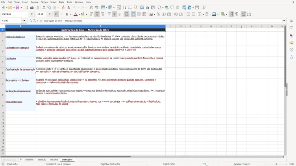 Instruções – Planilha de Medição de Obra Excel