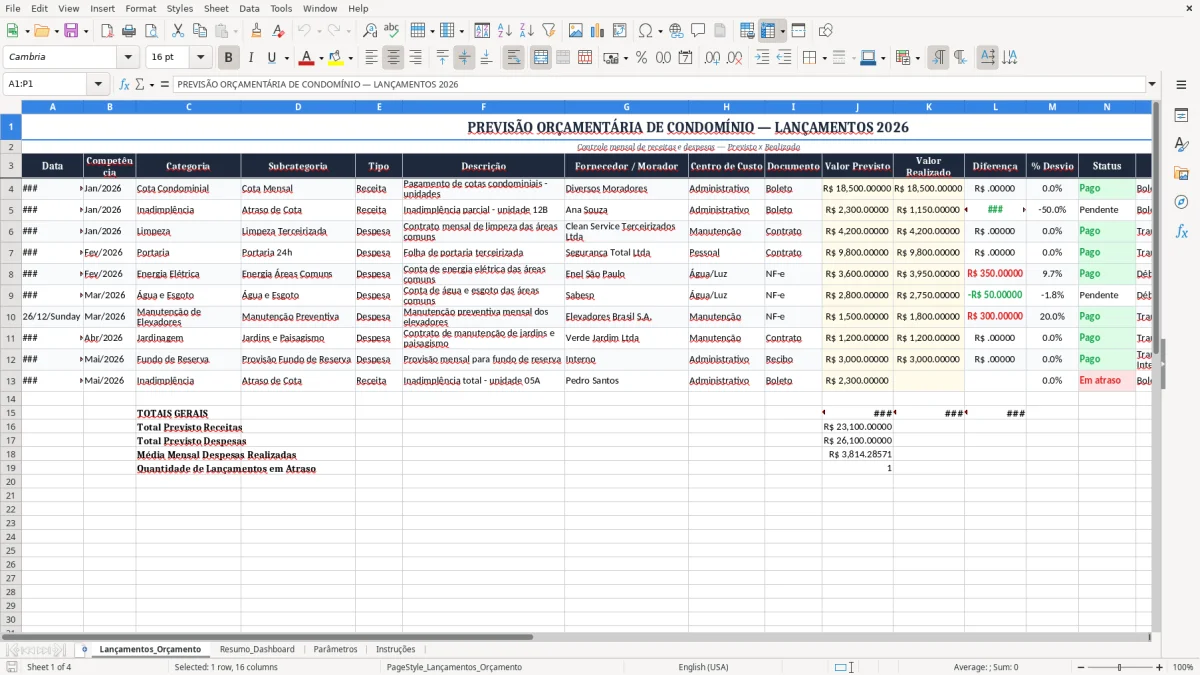 Captura 1: aba Lançamentos_Orçamento - Planilha Excel previsao orcamentaria condominio