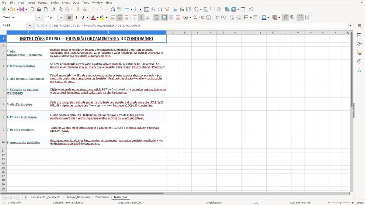Captura 4: aba Instruções - Planilha Excel previsao orcamentaria condominio