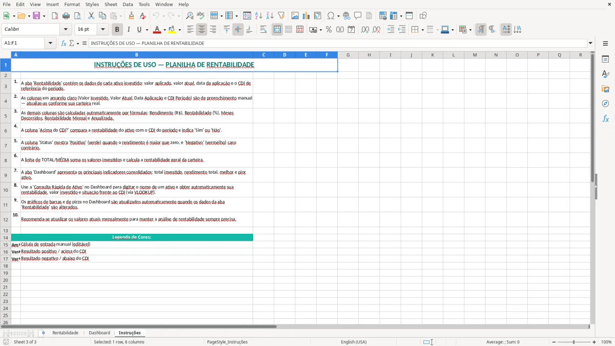 Captura 3: aba Instruções - Planilha Excel rentabilidade