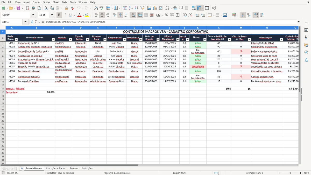 Captura 1: aba Base de Macros - Planilha Excel vba