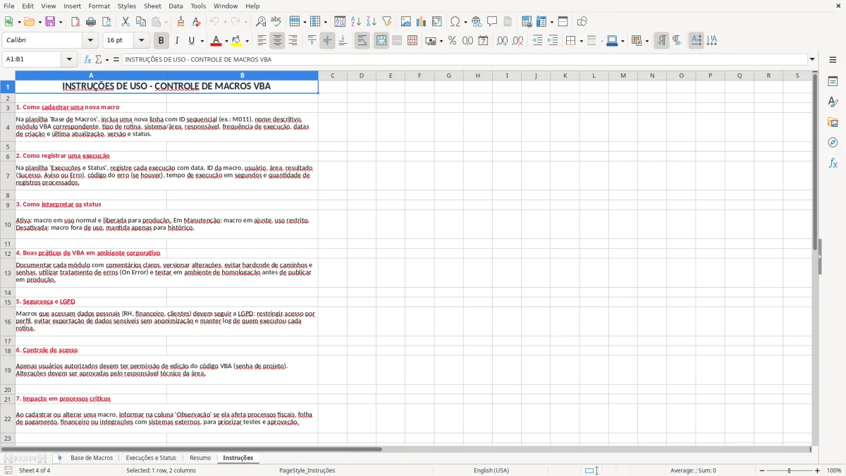Captura 4: aba Instruções - Planilha Excel vba