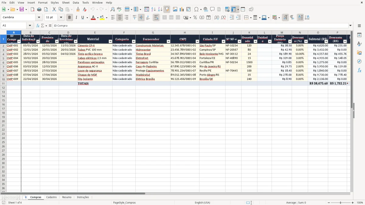Captura 1: aba Compras - Planilha Excel compra de materiais