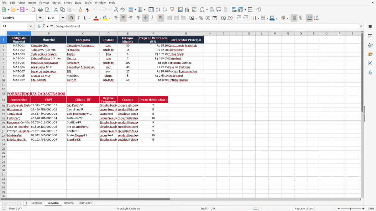 Captura 2: aba Cadastro - Planilha Excel compra de materiais