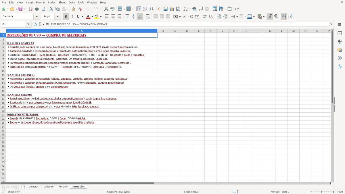 Captura 4: aba Instruções - Planilha Excel compra de materiais