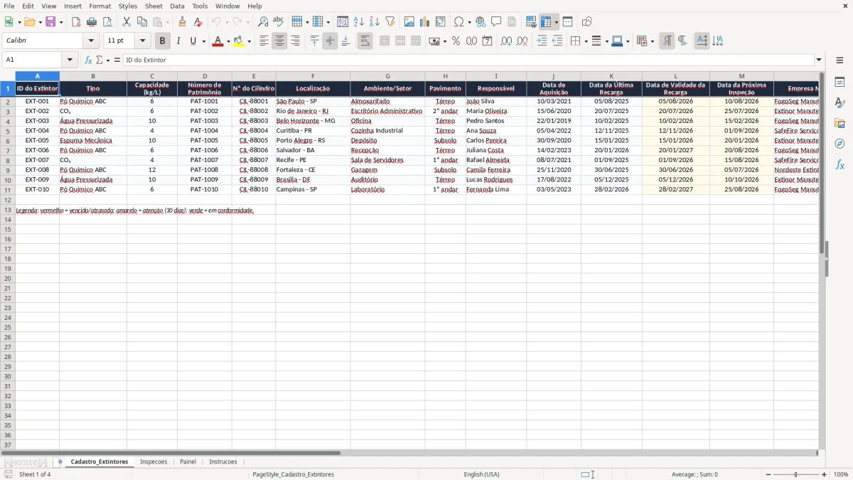 Captura 1: aba Cadastro_Extintores - Planilha Excel controle de extintores