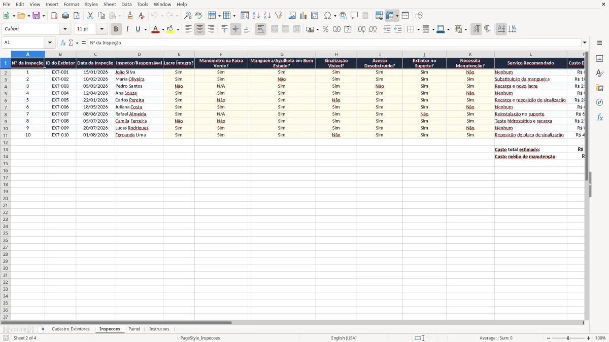 Captura 2: aba Inspecoes - Planilha Excel controle de extintores