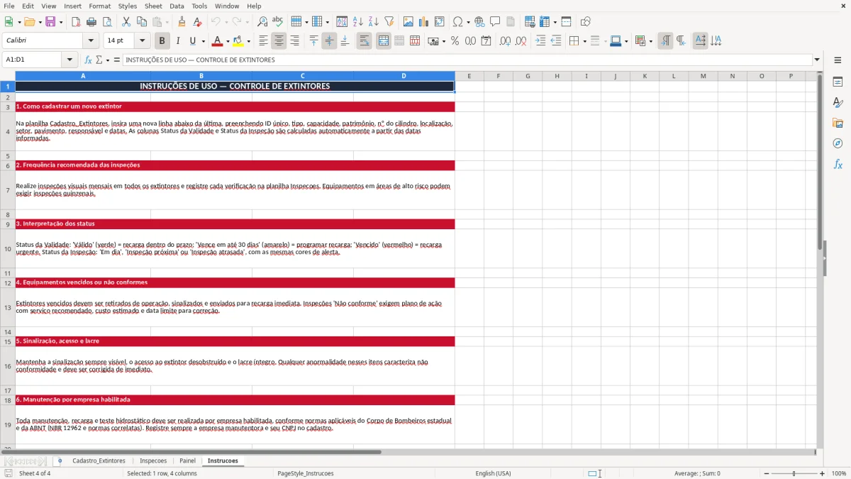 Captura 4: aba Instrucoes - Planilha Excel controle de extintores