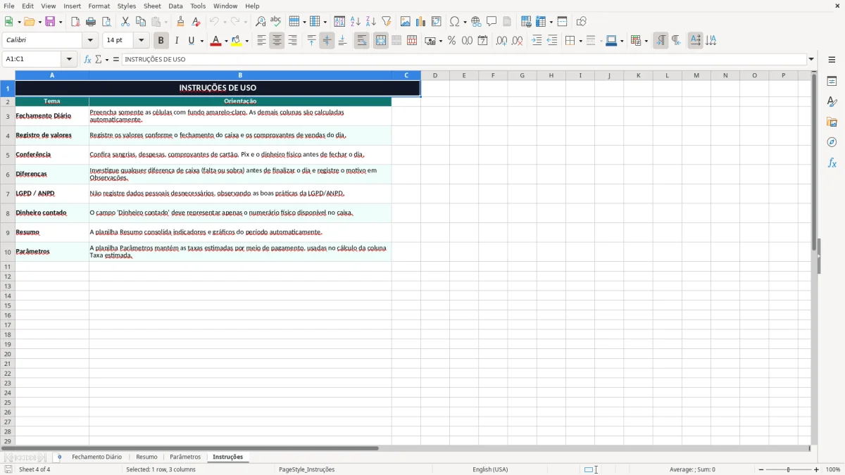 Captura 4: aba Instruções - Planilha Excel fechamento de caixa diario