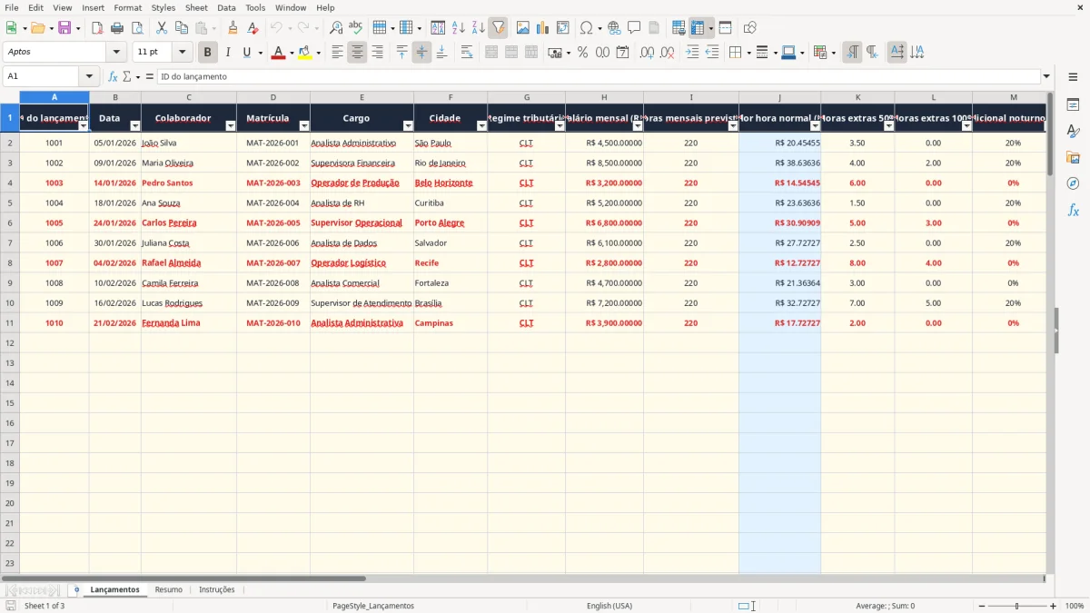 Captura 1: aba Lançamentos - Planilha Excel horas extras