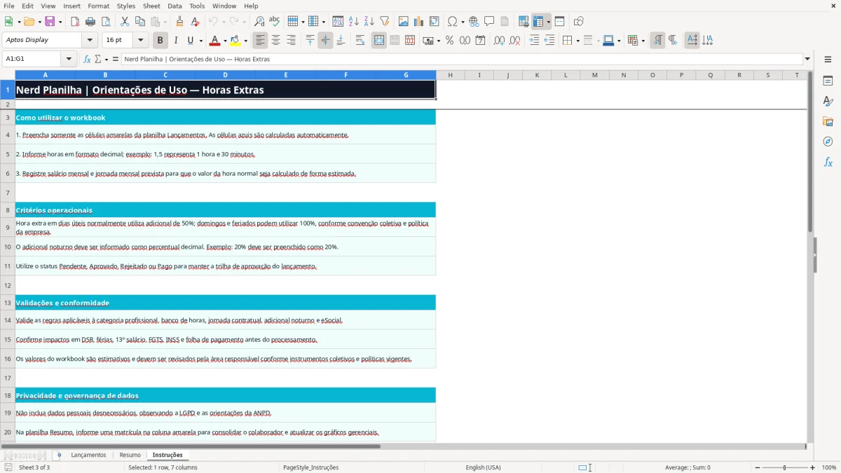 Captura 3: aba Instruções - Planilha Excel horas extras