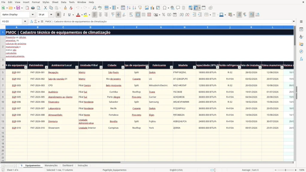 Equipamentos – PMOC ar condicionado Excel – Planilha grátis (2026)