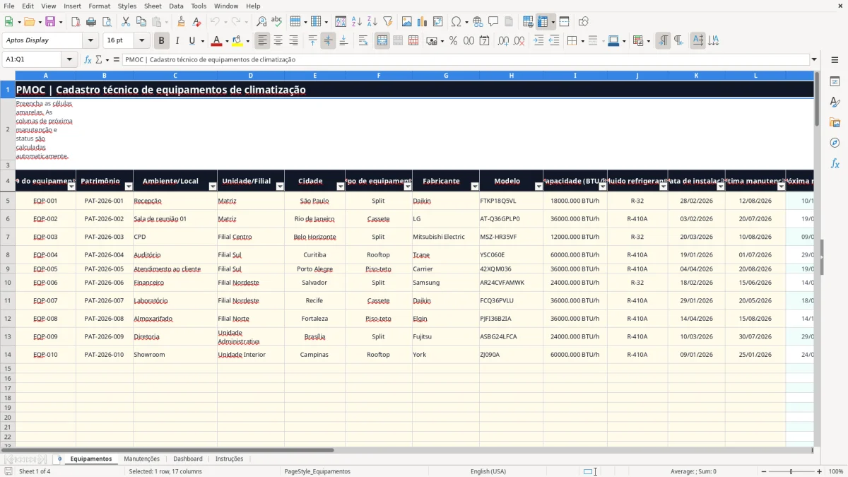 Captura 1: aba Equipamentos - Planilha Excel pmoc de ar condicionado