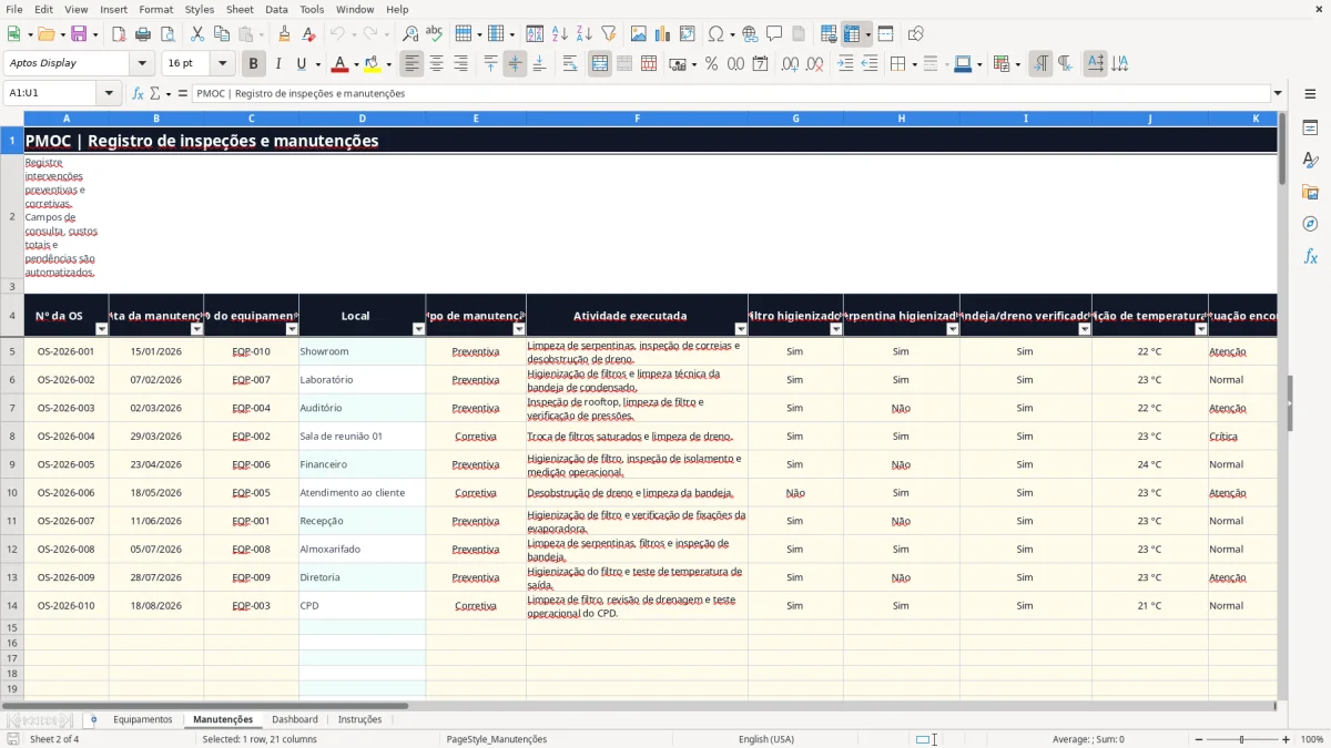 Captura 2: aba Manutenções - Planilha Excel pmoc de ar condicionado