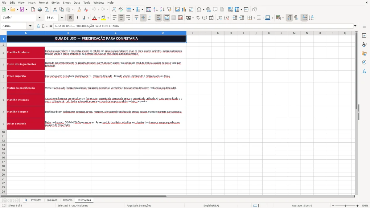 Captura 4: aba Instruções - Planilha Excel precificacao para confeitaria