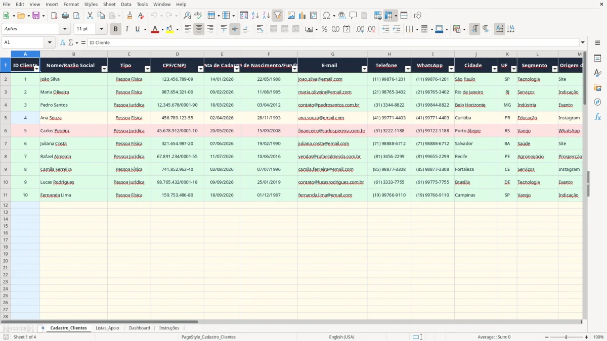 Captura 1: aba Cadastro_Clientes - Planilha Excel cadastro de clientes vba