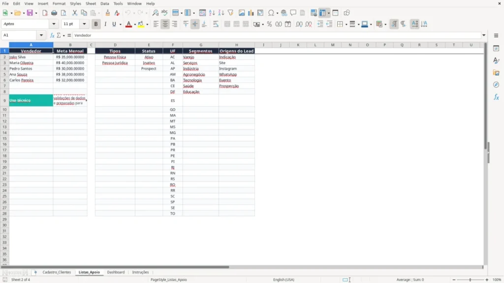 Listas_Apoio – Cadastro de clientes Excel – Planilha VBA (2026)
