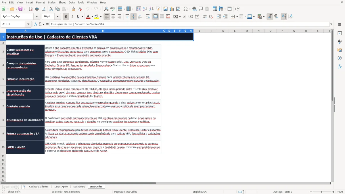 Captura 4: aba Instruções - Planilha Excel cadastro de clientes vba