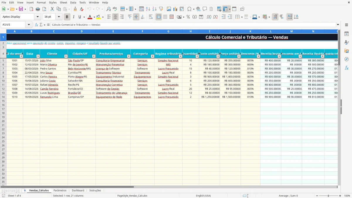 Captura 1: aba Vendas_Calculos - Planilha Excel calculo