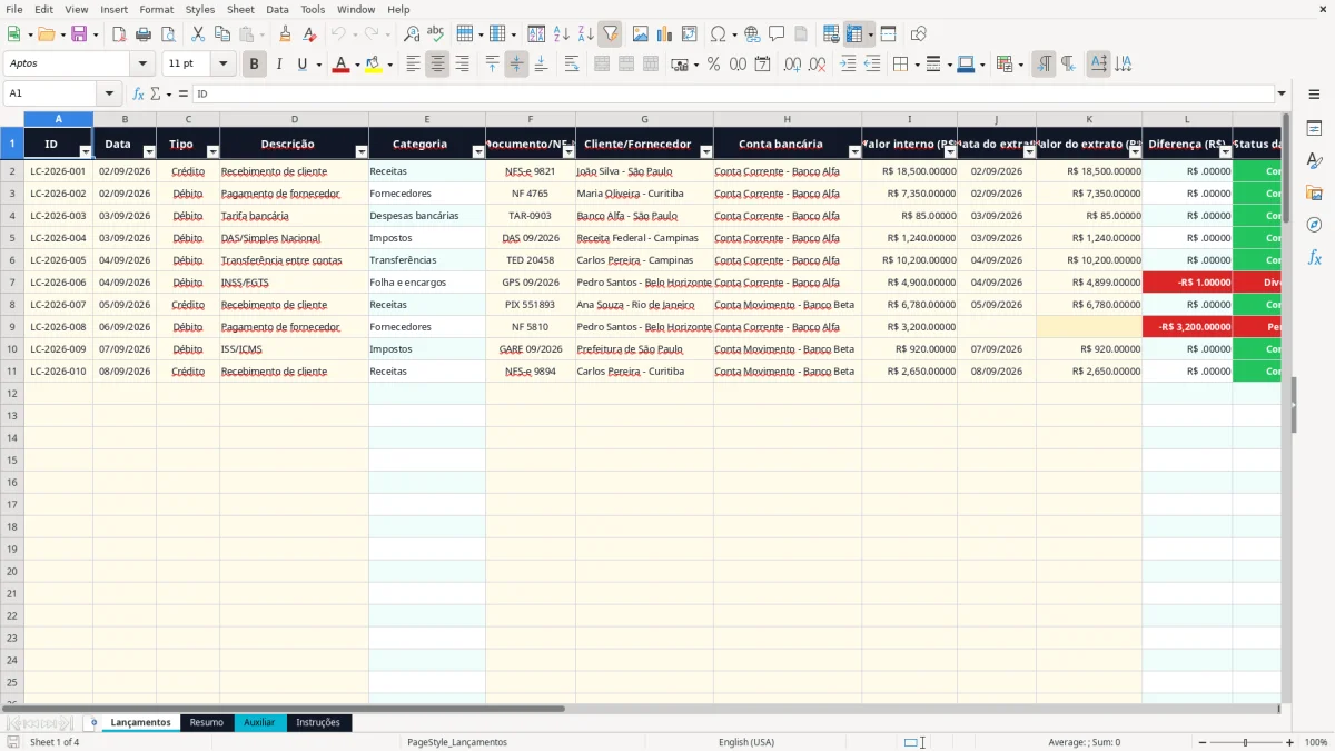 Captura 1: aba Lançamentos - Planilha Excel conciliacao bancaria